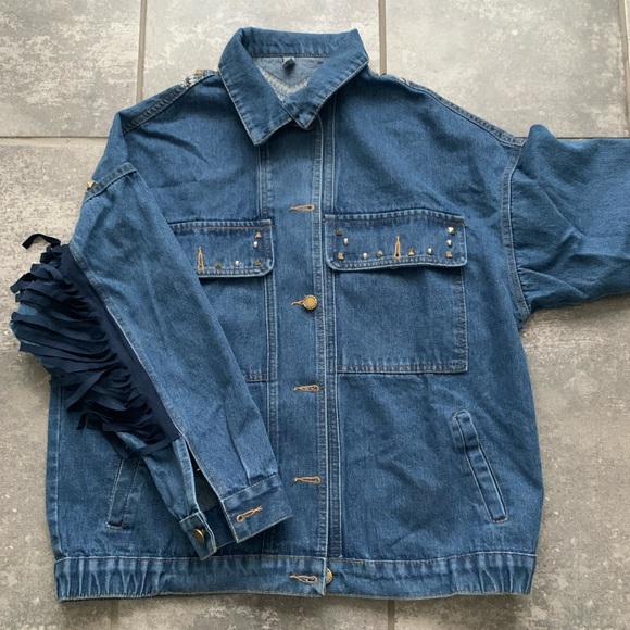 New Bohemian Western Fringe Detailed Embroidered Oversized Denim Jean Jacket - Picture 10 of 12
